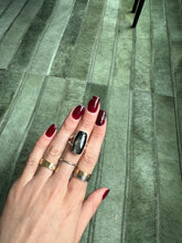 Load image into Gallery viewer, Black Obsidian Sheen Silver - Silver & Platinum Crystal Ring Size 7 Rectangle