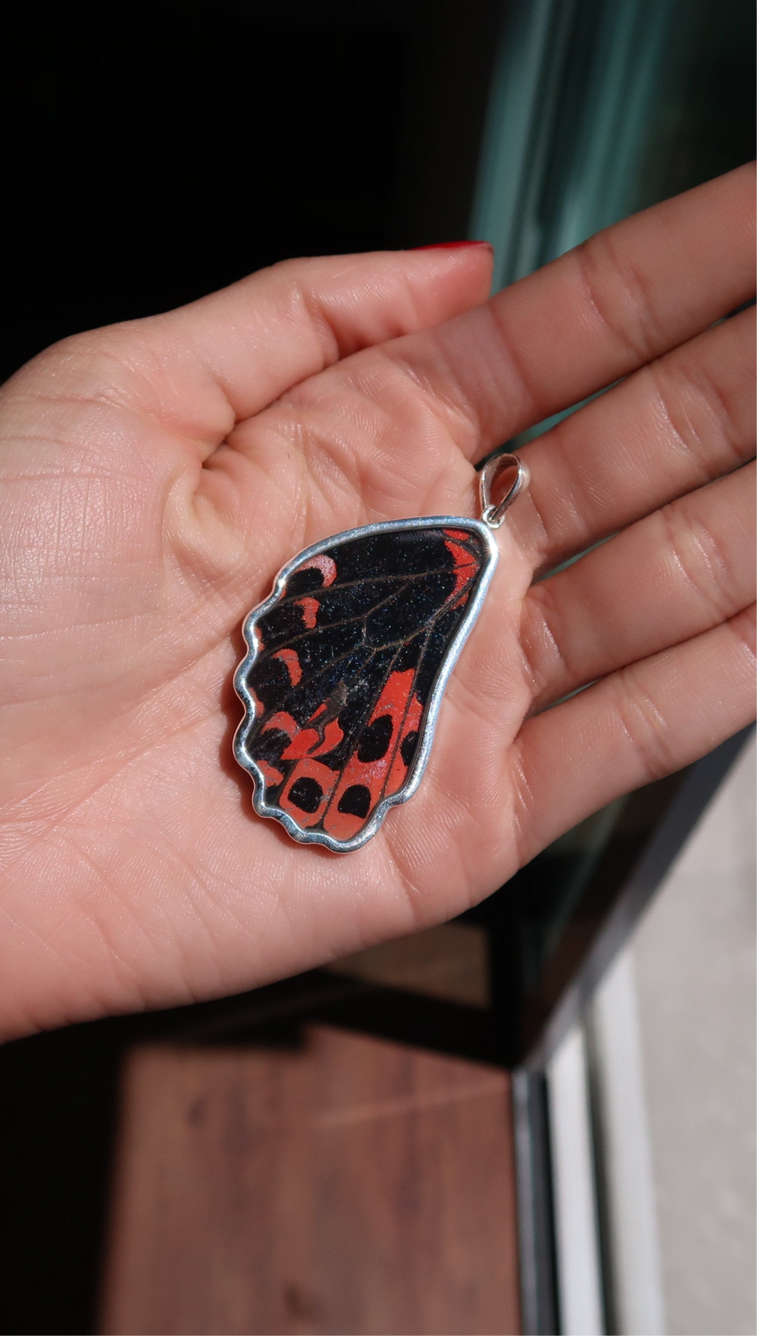 Scarlet Mormon Butterfly Silver & Platinum Pendant From Peru