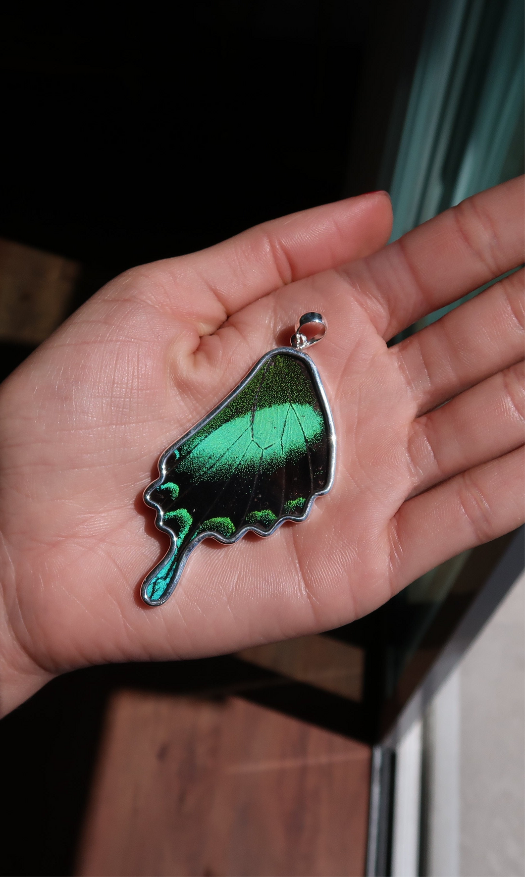 Emerald Swallowtail Butterfly Silver & Platinum Pendant From Peru