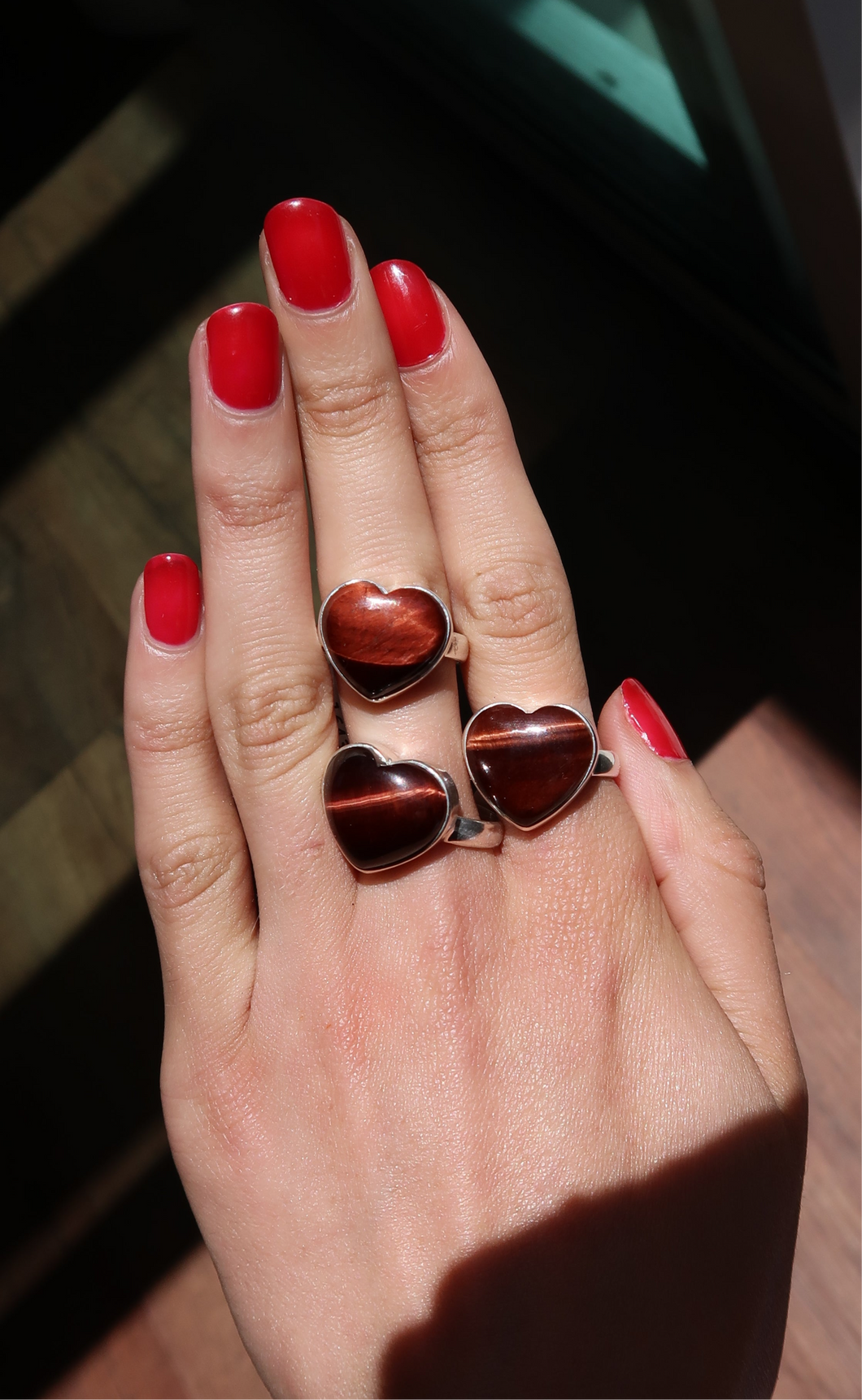 Red Tigers Eye Silver and Platinum Heart Ring From South Africa