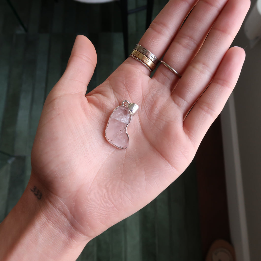 Raw Rose Quartz Silver & Platinum Pendant From Brazil