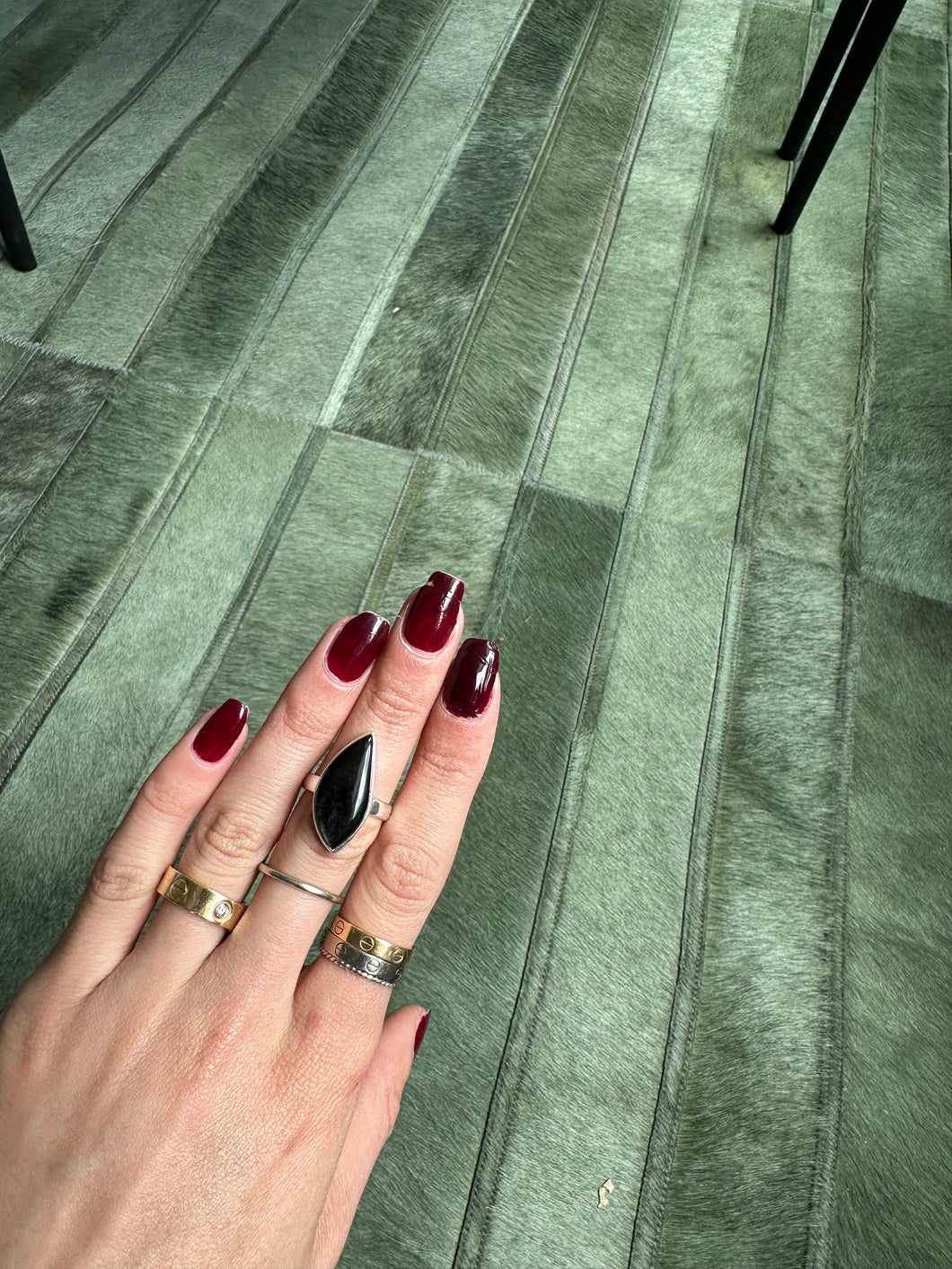 Black Obsidian Sheen Silver - Silver & Platinum Crystal Ring Size 7 Flame Shape