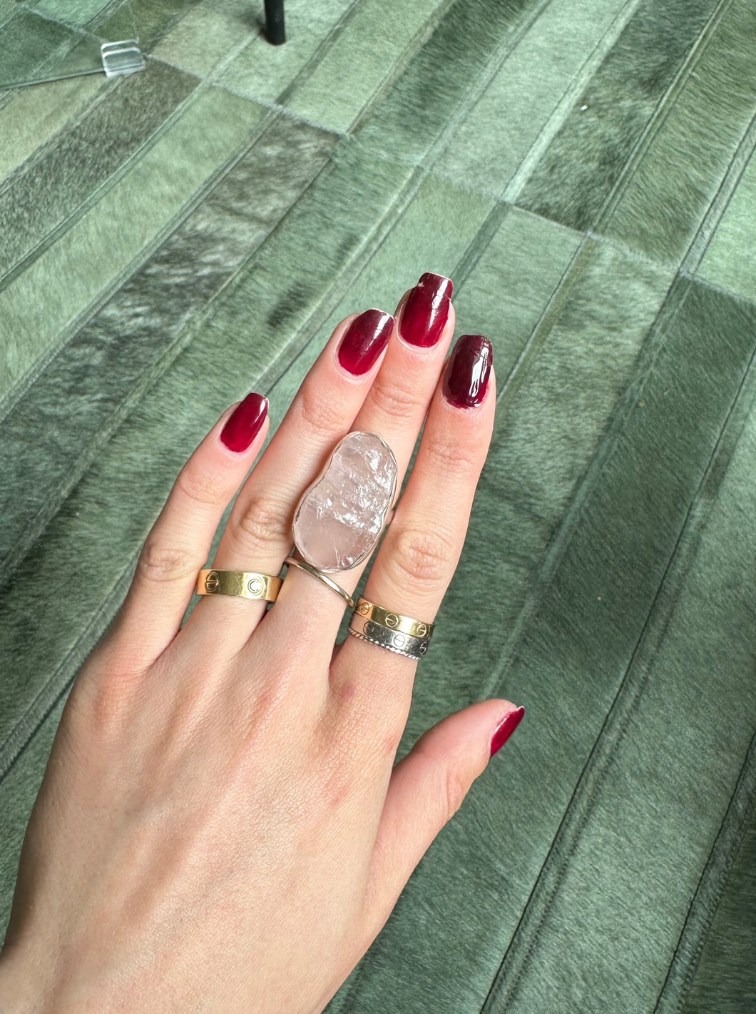 Raw Rose Quartz - Silver & Platinum Crystal Ring Size 8 Brazil