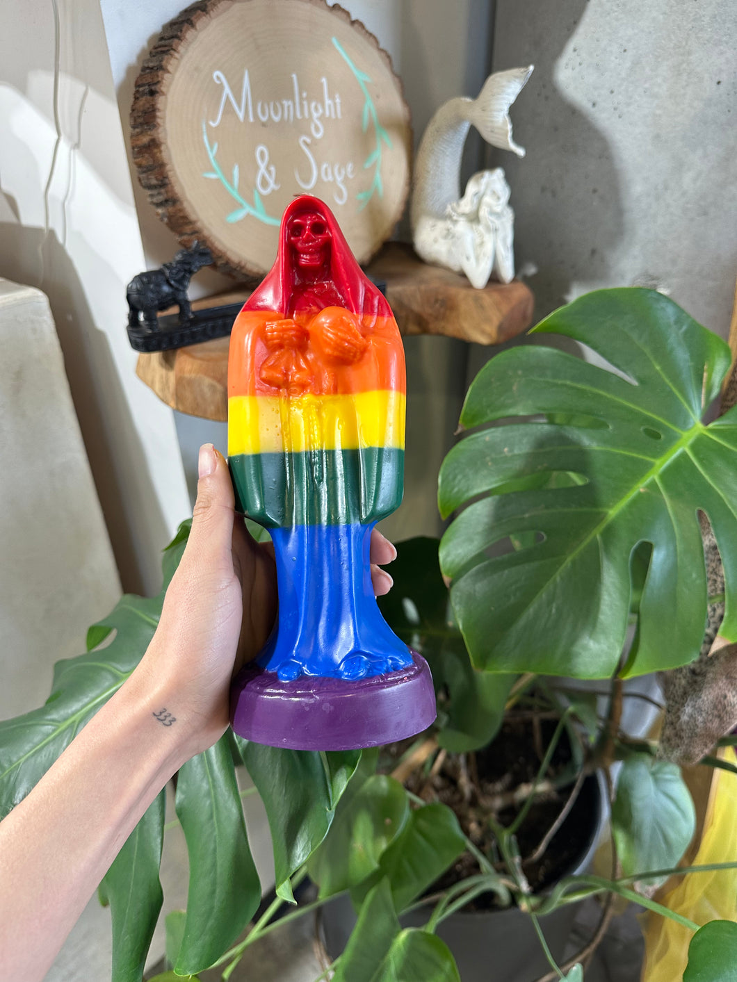 Large Rainbow Santa Muerte Candle