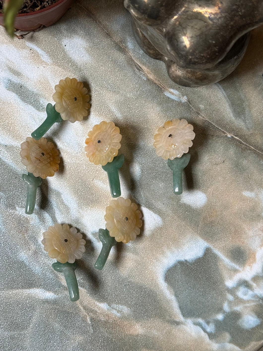 Sunstone and Green Aventurine Sunflower Crystal Carving