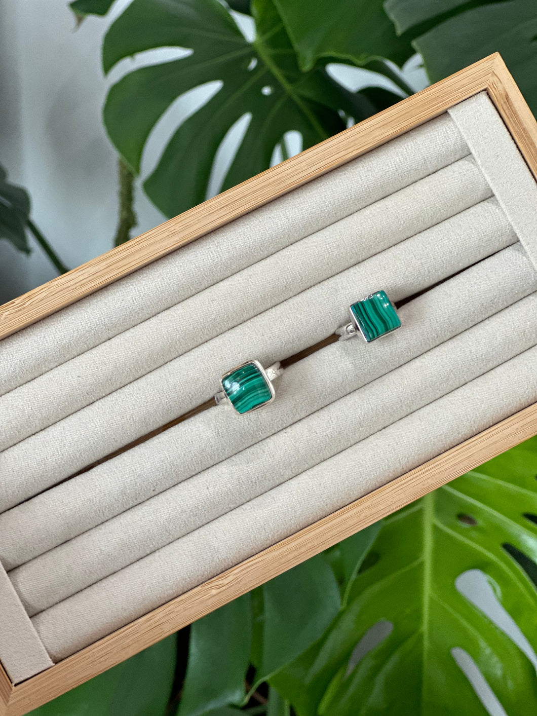 Square Malachite Silver & Platinum Crystal Ring from Morocco