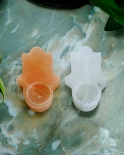 Load image into Gallery viewer, Hamsa Orange Selenite Candle Holder
