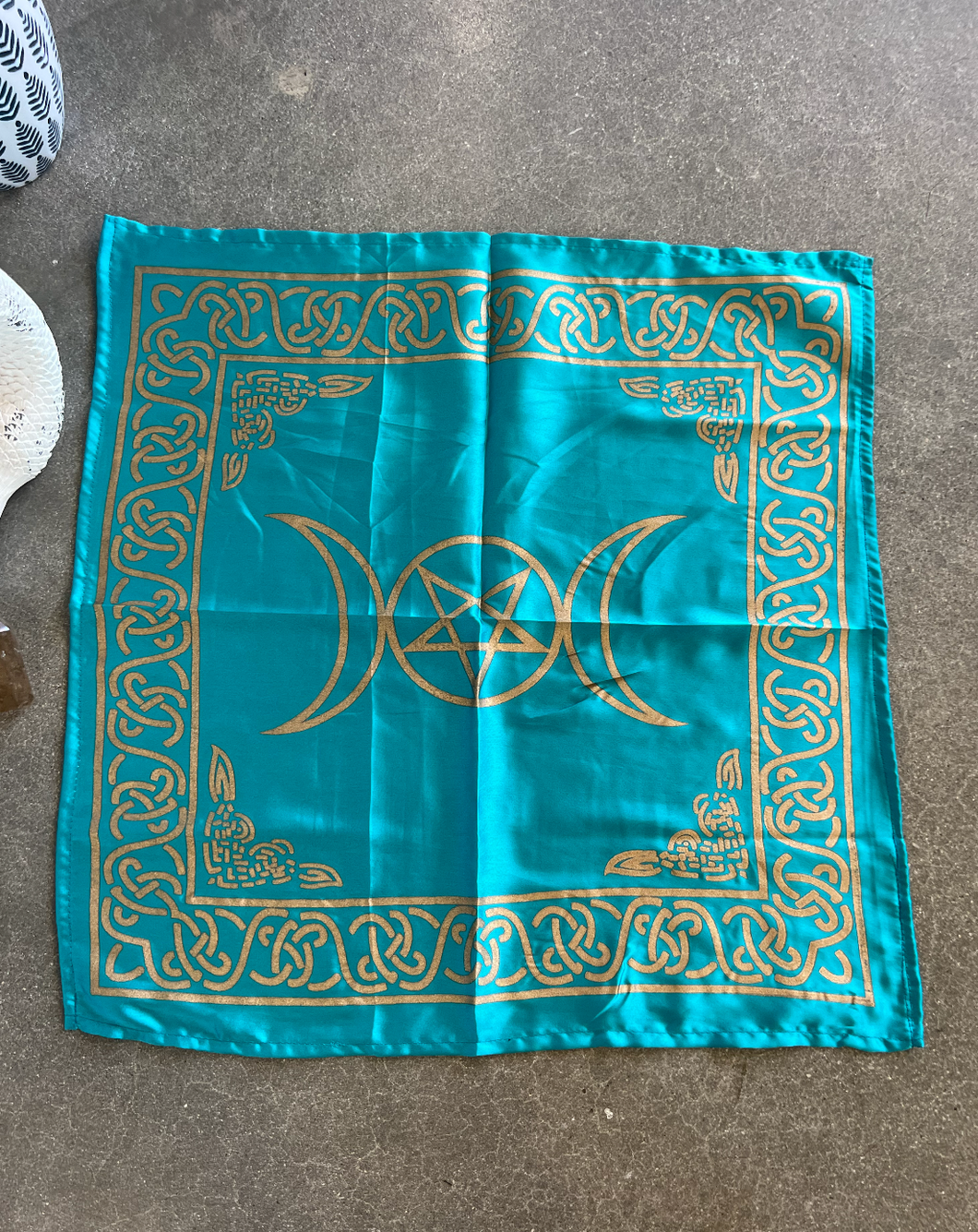 Triple Moon Pentacle Turquoise and Gold Altar Cloth