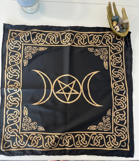Triple Moon with Pentagram Altar Cloth Golden On Black